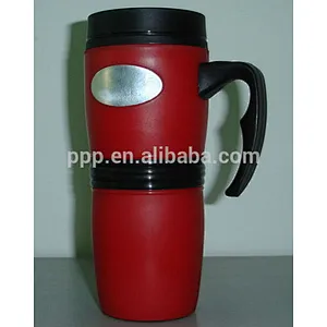 cheap double-wall plastic vehicle mug/black strip wrapped water tumbler/ mug with ear handle