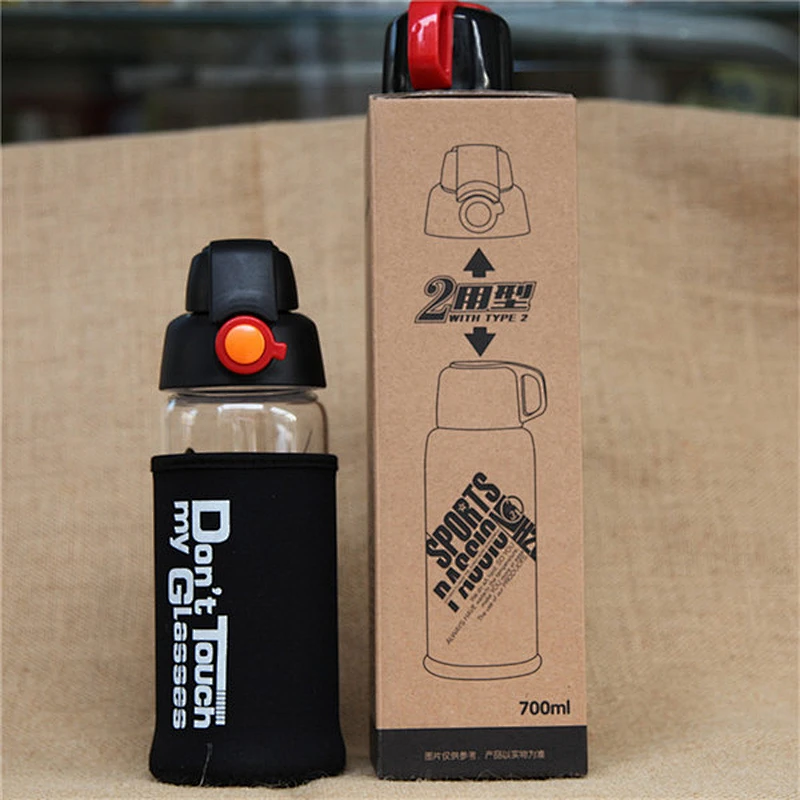High high borosilicate glass sports water glass bottle flip lid glass water bottle with carry sleeve bag tea cup bag