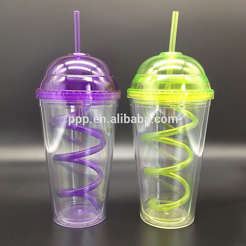 16oz new design BPA Free double wall plastic travel auto mug with bent straw