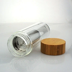 500ml Double layer crystal water bottle with bamboo lid/glass vacuum mug cup/non-toxic material glass tumbler