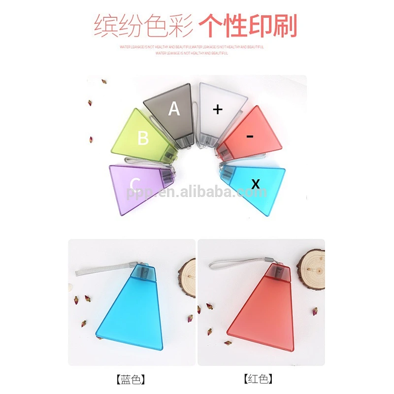 factory wholesale 260ml single wall plsatic logo customized Triangular flat water bottle with handle/color optional/portable