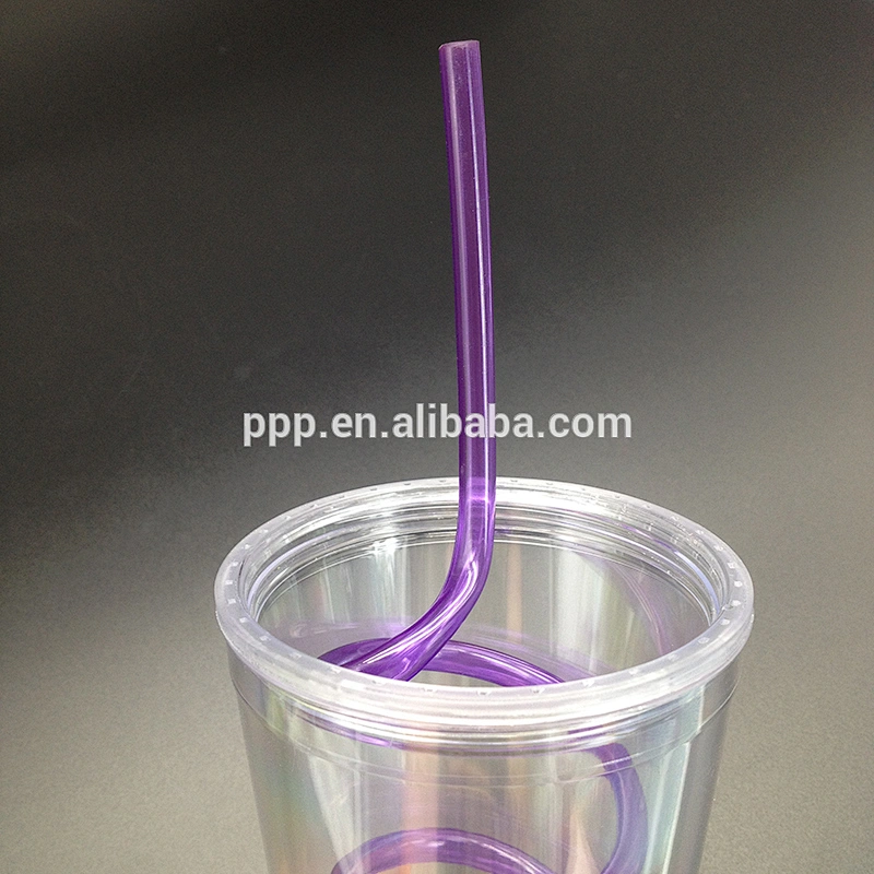 16oz new design BPA Free double wall plastic travel auto mug with bent straw