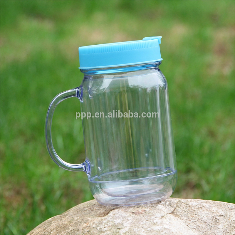 450ml double wall clear plastic logo customized mason jar with fixed handle and flip top lid/BPA free