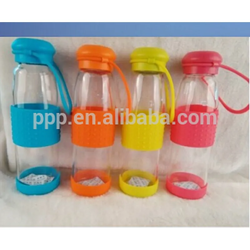 single wall borosilicate glass water tumbler with cover/clear body/portable with fixed silicon handle
