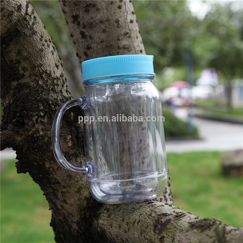 450ml double wall clear plastic logo customized mason jar with fixed handle and flip top lid/BPA free