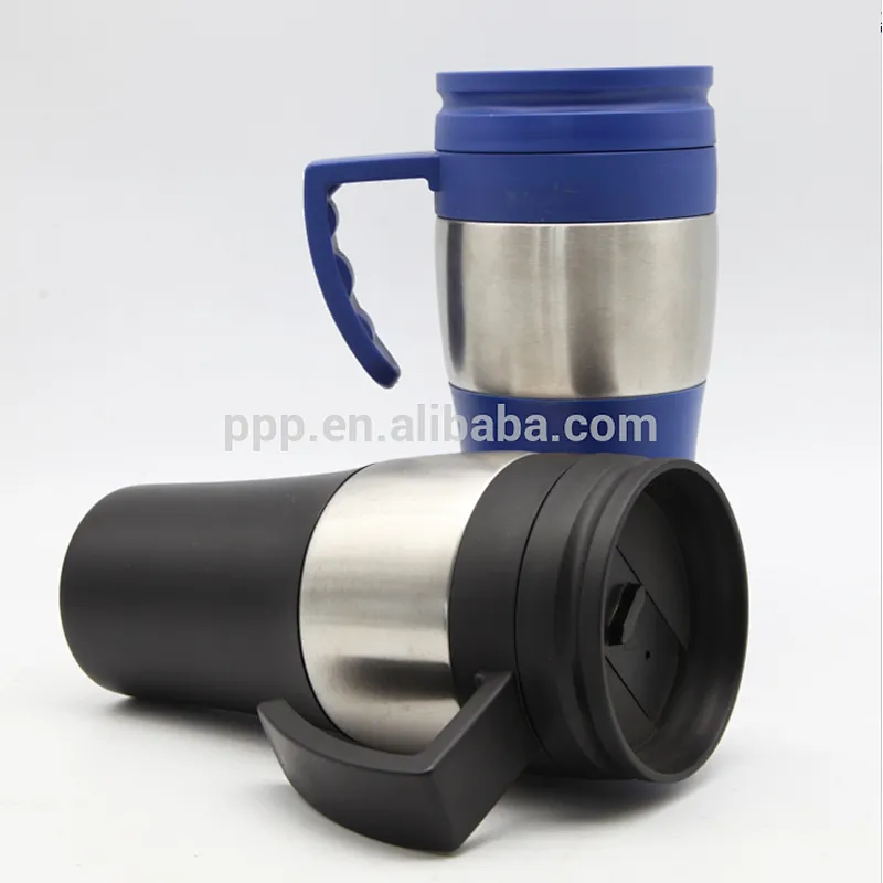 inner plastic outer stainless steel logo customized auto mug with fixed handle