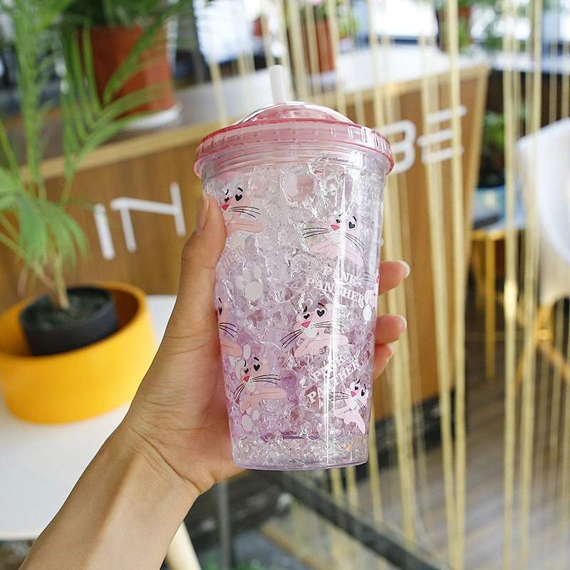 Summer Hot sell PP Pink tumbler new design 450/550ml cartoon straw Panther ice cream cooling mug BPA Free
