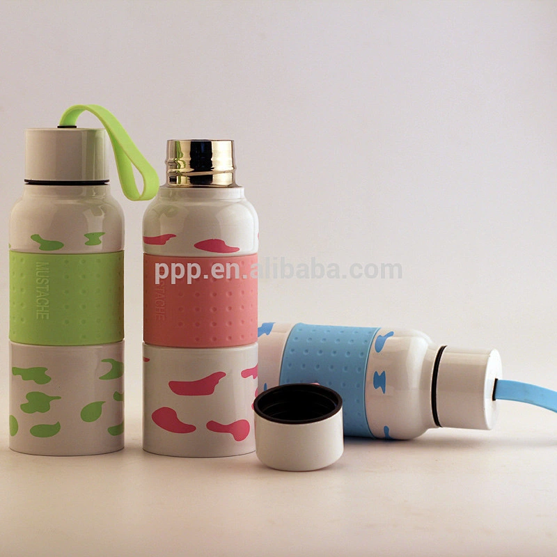 260ml/350 hot sale double wall stainless steel sports water bottle with silicone band and handle