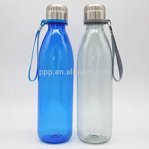 factory wholesale single wall plastic cola shaped sports water bottle with stainless steel lid/portable with handle