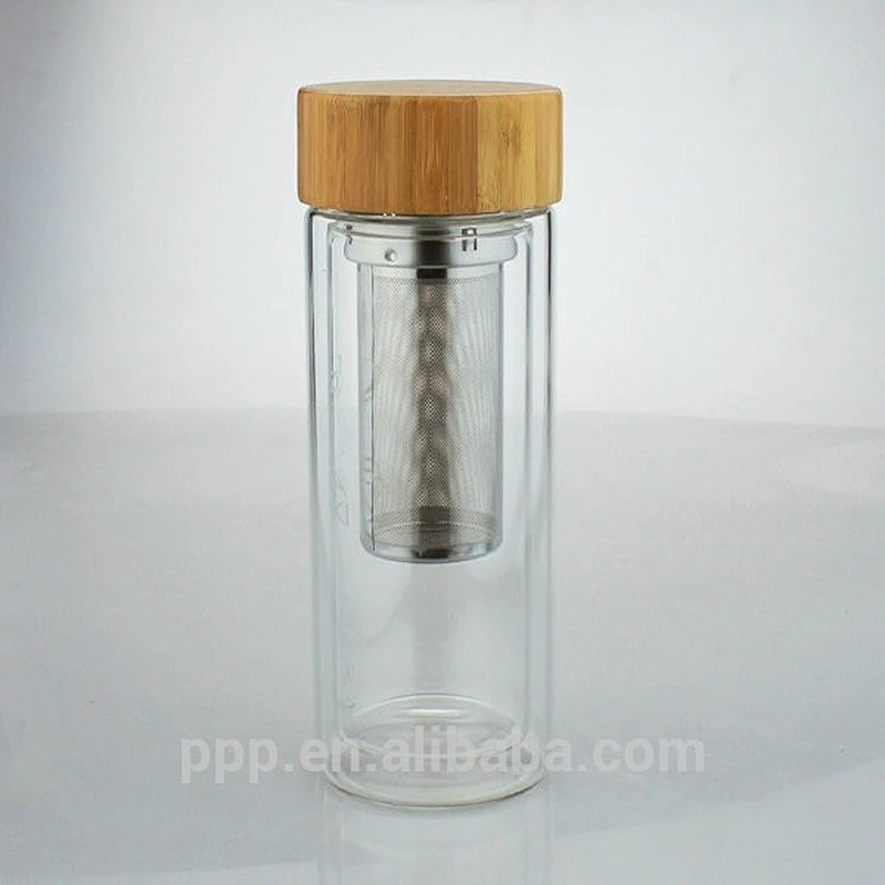 500ml Double layer crystal water bottle with bamboo lid/glass vacuum mug cup/non-toxic material glass tumbler
