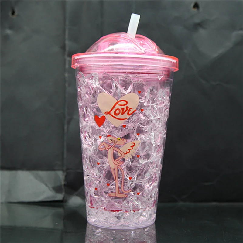 500ml Hot sell pink color ice cube tumbler cute leopard cartoon ice fruit juice bottle