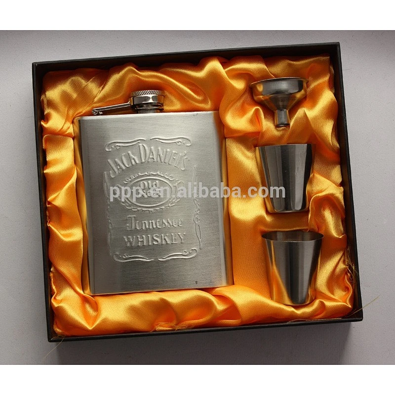 6oz embossed mini flask set with funnel and cups gift box packing hip flask set 18-8 stainless steel hip flask set Pb free