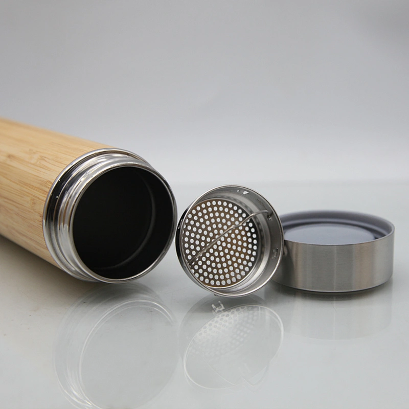 350ml/450ml/500ml inner stainless steel outer bamboo wood shell vacuum insulated water  bottle plastic and stainless steel base