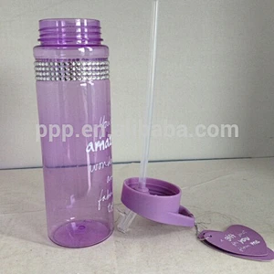 OEM BPA free Hot selling romantic purple 25oz plastic tritan bottle with straw with diamonds