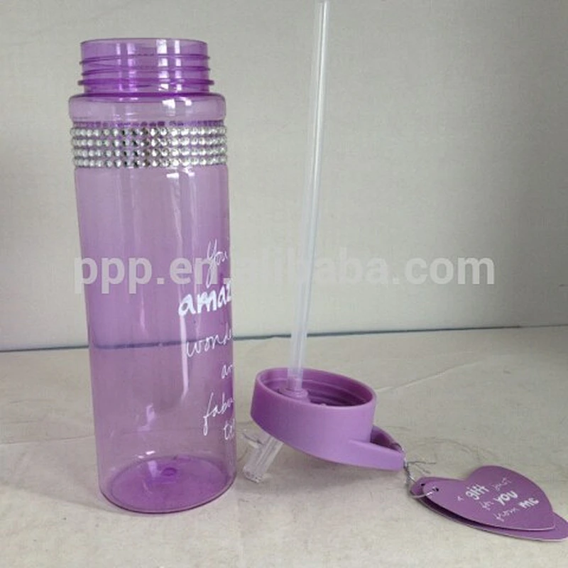 OEM BPA free Hot selling romantic purple 25oz plastic tritan bottle with straw with diamonds