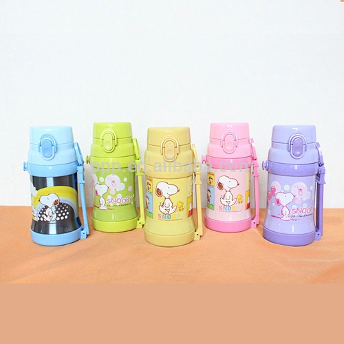 260ml colored BPA free double wall stainless steel kid's feeding bottle with cute snoppy design and flip top