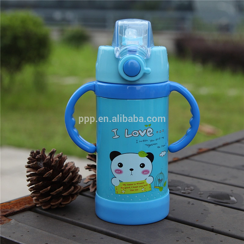 350ml double wall stainless steel logo customized kid's tumbler with wrist straw and handle/push type switch/100% leakproof