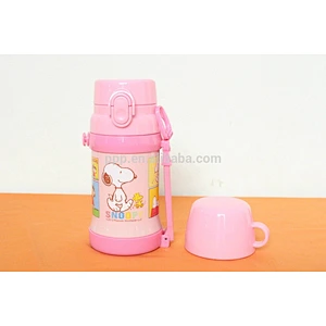 260ml colored BPA free double wall stainless steel kid's feeding bottle with cute snoppy design and flip top
