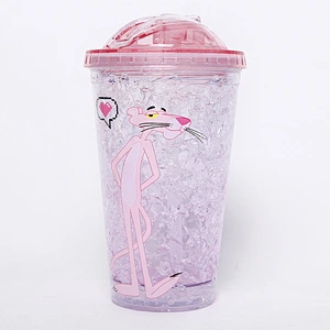 Summer Hot sell PP Pink tumbler new design 450/550ml cartoon straw Panther ice cream cooling mug BPA Free
