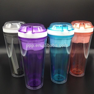 food grade BPA free logo customized double wall plastic Factory Cheap 500ml Disposable Snack Drink Cup with Straw