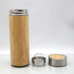 350ml/450ml/500ml inner stainless steel outer bamboo wood shell vacuum insulated water  bottle plastic and stainless steel base