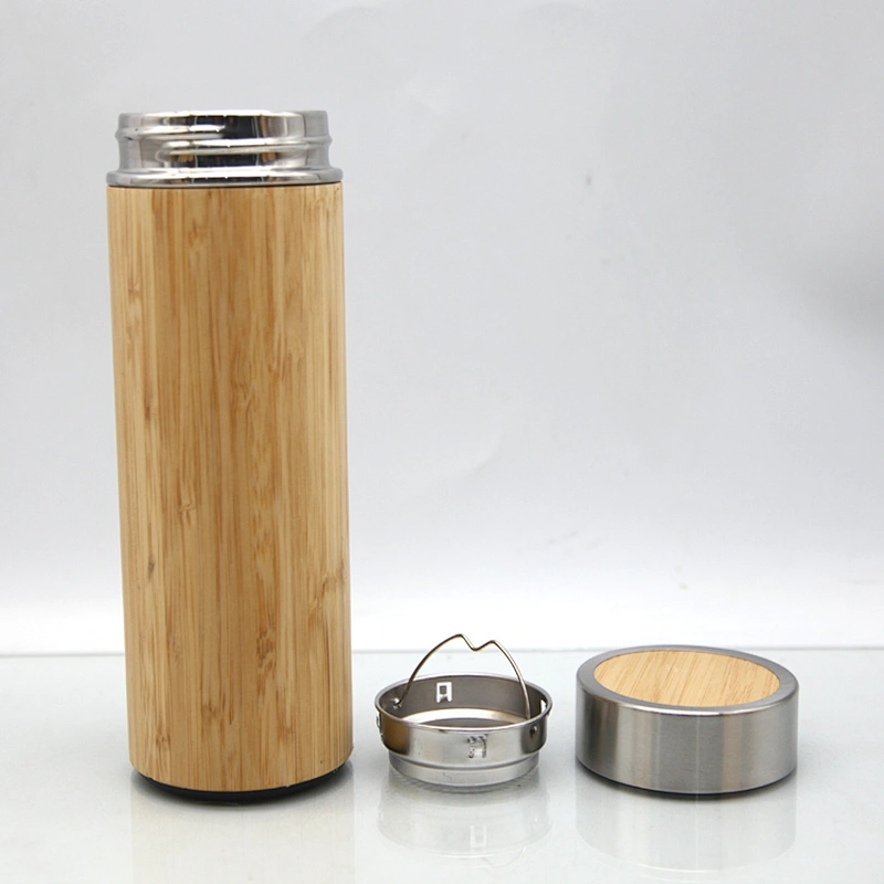 350ml/450ml/500ml inner stainless steel outer bamboo wood shell vacuum insulated water  bottle plastic and stainless steel base