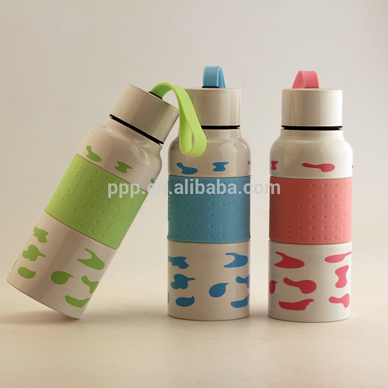 260ml/350 hot sale double wall stainless steel sports water bottle with silicone band and handle