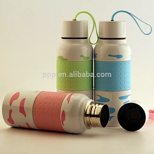 260ml/350 hot sale double wall stainless steel sports water bottle with silicone band and handle