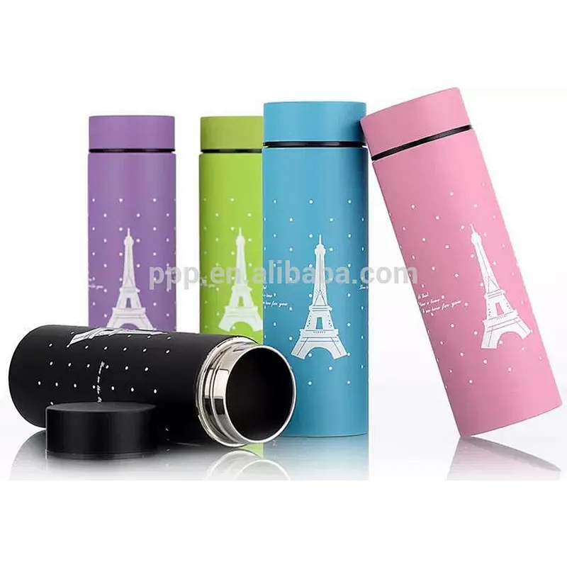260ml factory direct wholesale double wall Stianlss steel colored water bottle with cute aiffel tower design and straight body