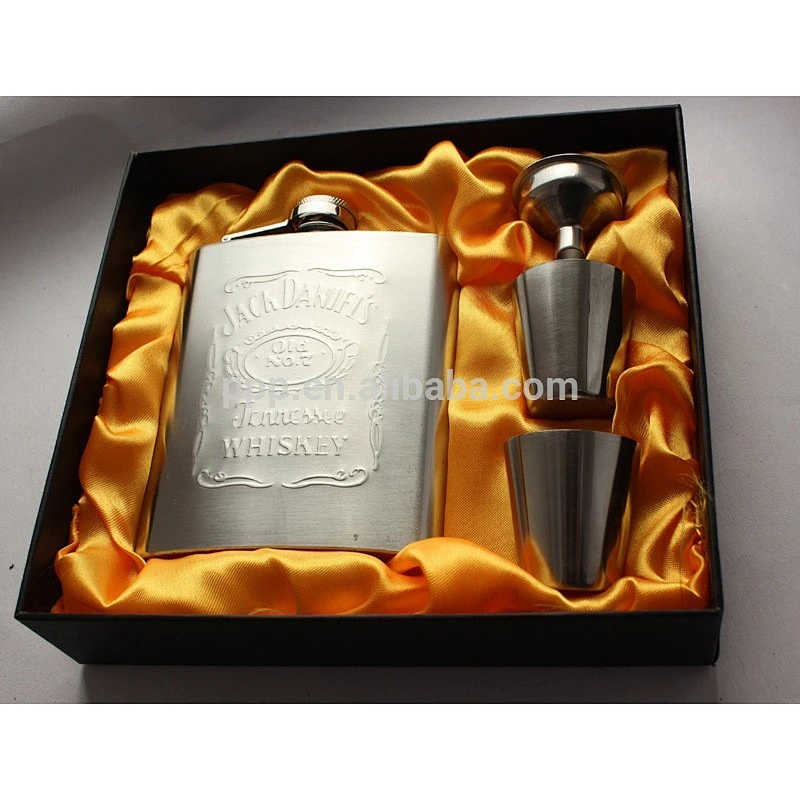 6oz embossed mini flask set with funnel and cups gift box packing hip flask set 18-8 stainless steel hip flask set Pb free