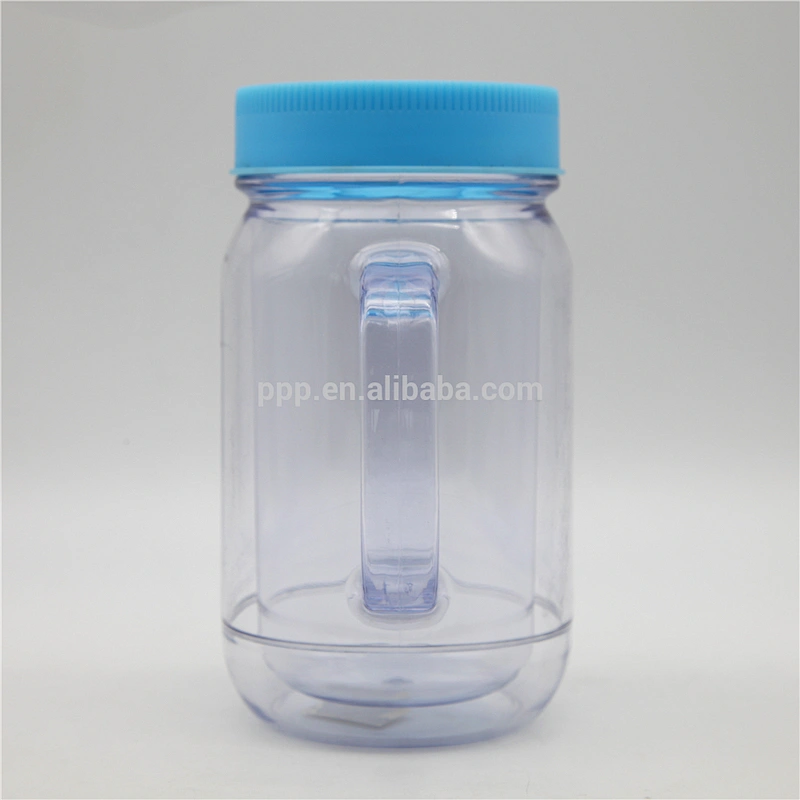 450ml double wall clear plastic logo customized mason jar with fixed handle and flip top lid/BPA free
