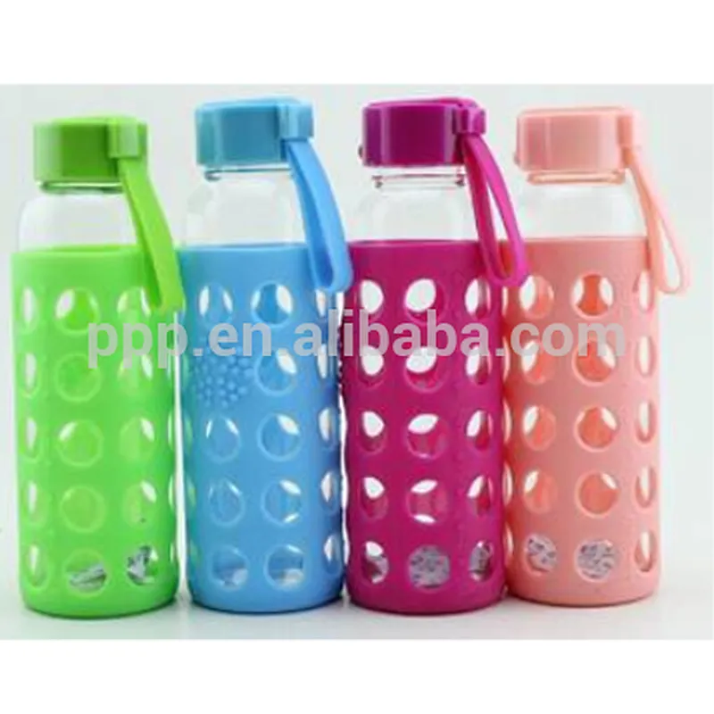 single wall borosilicate glass water tumbler with cover/clear body/portable with fixed silicon handle