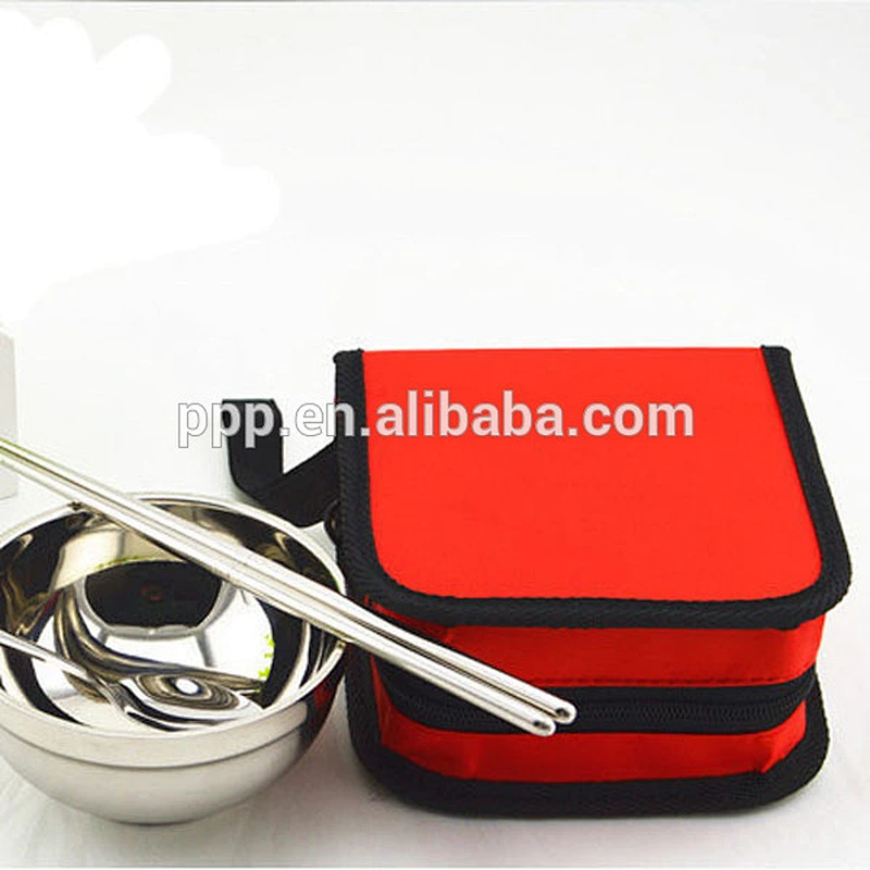 Outdoor Camping Portable Stainless Steel Cloth Bag Tableware Set 1 Spoon and 2 pairs Chopsticks With One Rice Bowl