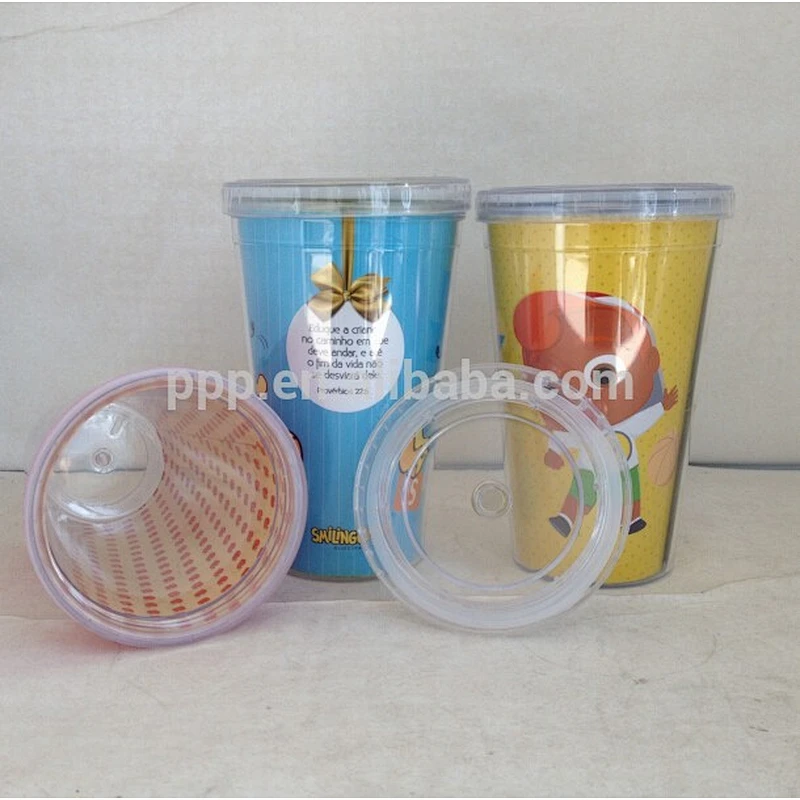 BPA free wholesale double wall plastic mug straw mug paper ad card insert