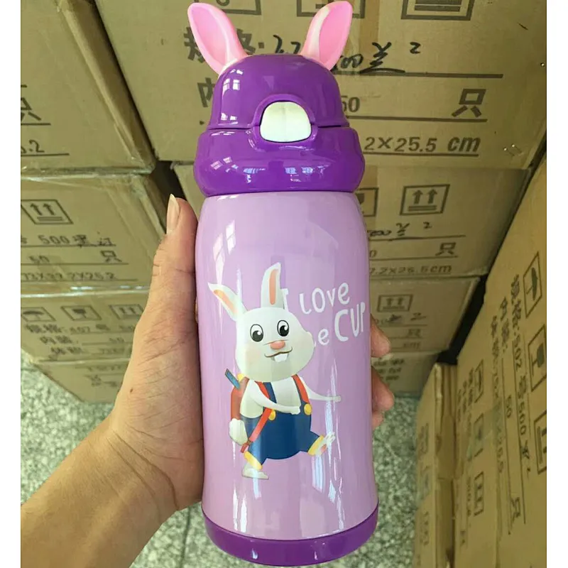 High Qulaity New Design Rabbit Cartoon SUS316 Double wall stainless steel Vacuum insulated children water bottle silicone straw
