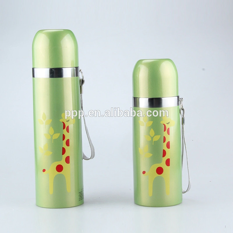 Double wall stainless steel vacuum flask with heat transfer printing and strap