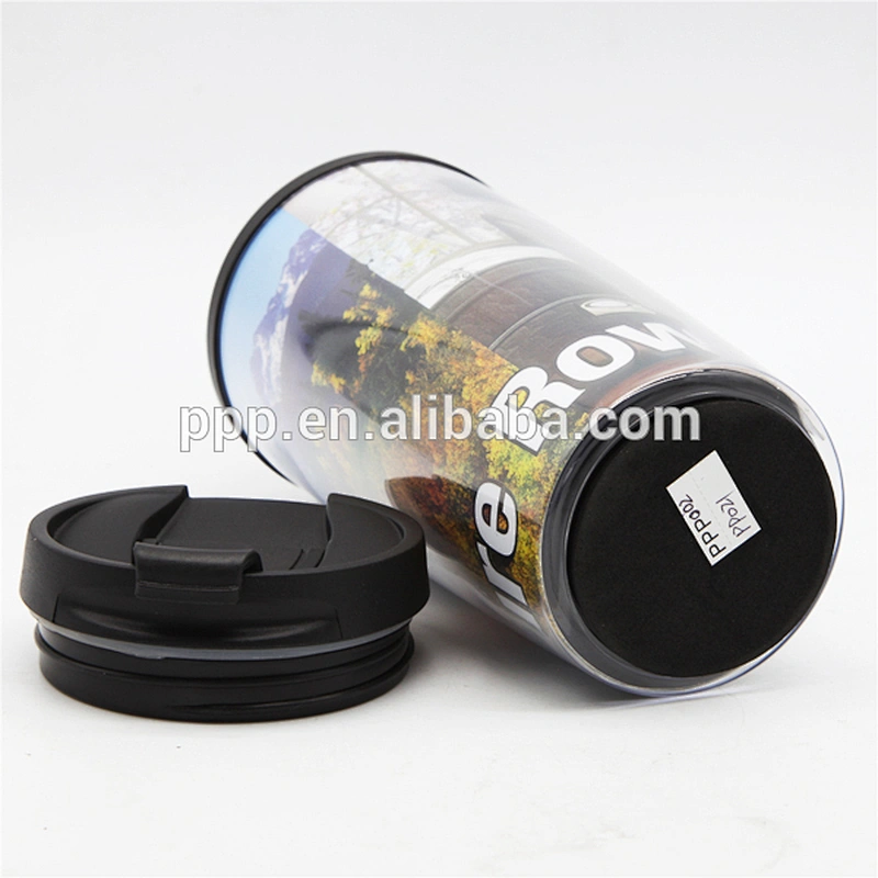 Fashion 450ml Standard Double Wall PP New Material Promotional AD Insulated Auto Mug With Inserted Drawing Paper Anti Proof Lid