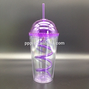 16oz new design BPA Free double wall plastic travel auto mug with bent straw