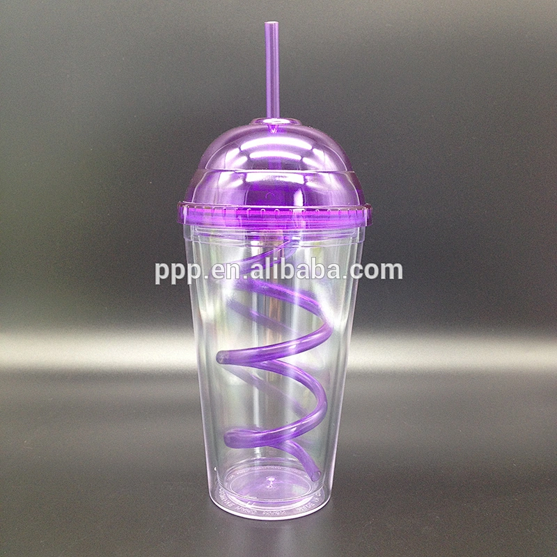 16oz new design BPA Free double wall plastic travel auto mug with bent straw