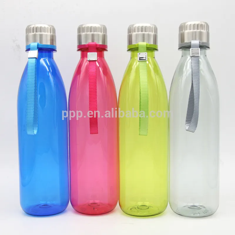 factory wholesale single wall plastic cola shaped sports water bottle with stainless steel lid/portable with handle
