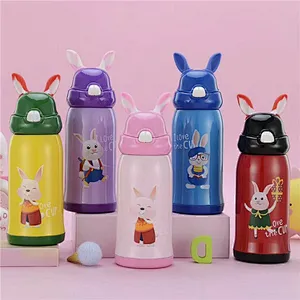 High Qulaity New Design Rabbit Cartoon SUS316 Double wall stainless steel Vacuum insulated children water bottle silicone straw