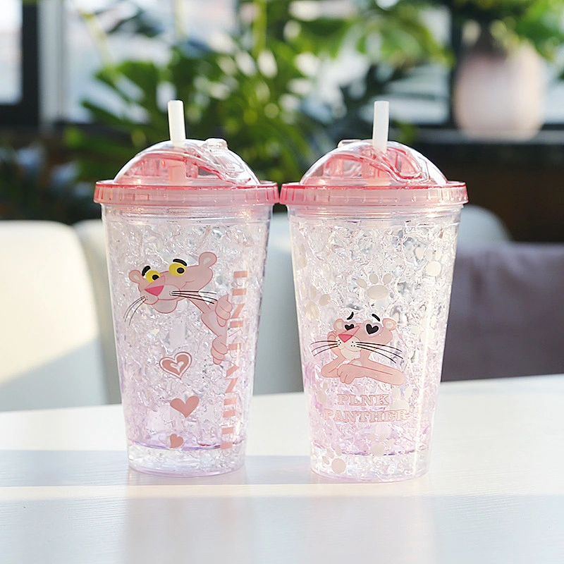 Summer Hot sell PP Pink tumbler new design 450/550ml cartoon straw Panther ice cream cooling mug BPA Free