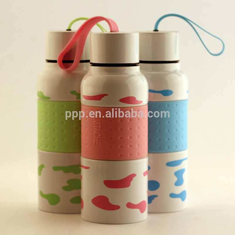 260ml/350 hot sale double wall stainless steel sports water bottle with silicone band and handle