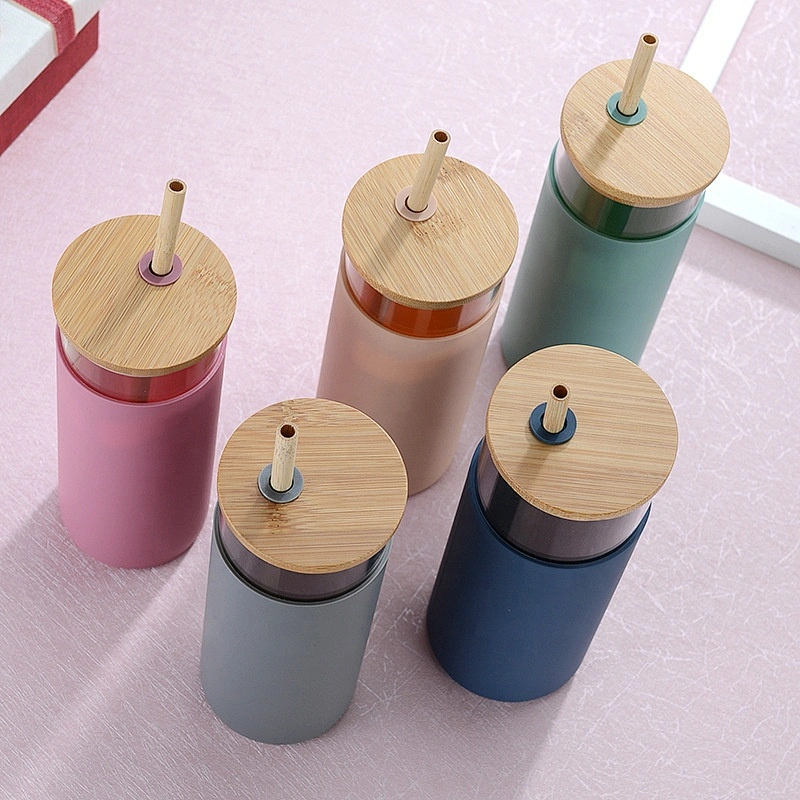 Customized Bamboo Lid Office Desk Cup Glass Water Bottle Tea Coffee Milk Cup with Bamboo Straw Lid Silicone Pouch Sleeve