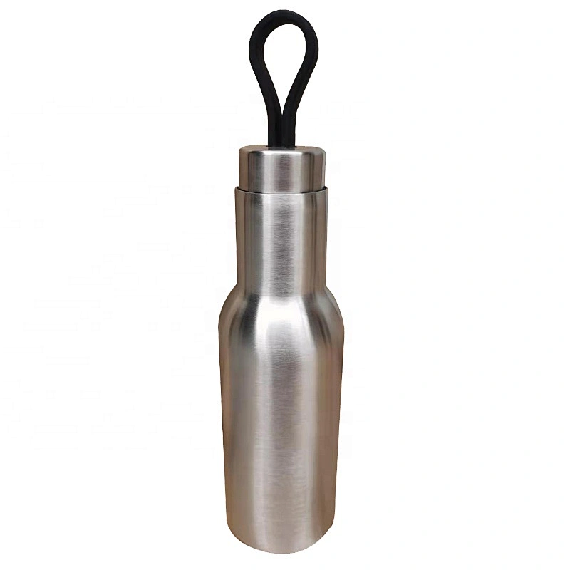 14oz Customized Sports Water Bottle  Vacuum Flask with Wooden Grain Lid Silisone Handle Stainless Steel Outdoor Bottle