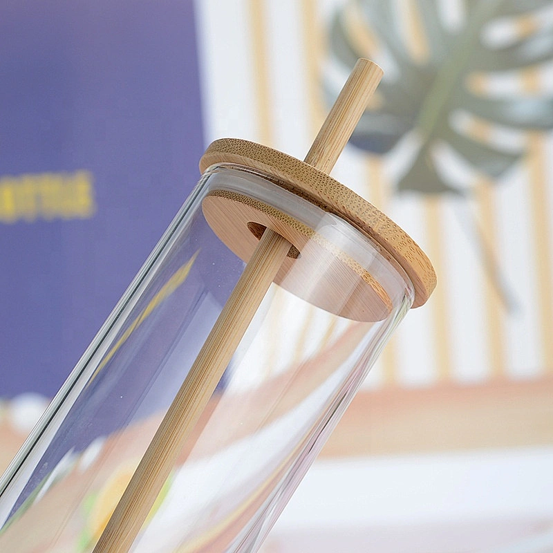 Customized Bamboo Lid Office Desk Cup Glass Water Bottle Tea Coffee Milk Cup with Bamboo Straw Lid Silicone Pouch Sleeve