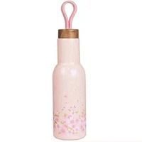 14oz Customized Sports Water Bottle  Vacuum Flask with Wooden Grain Lid Silisone Handle Stainless Steel Outdoor Bottle