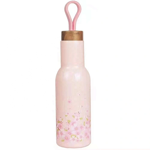 14oz Customized Sports Water Bottle  Vacuum Flask with Wooden Grain Lid Silisone Handle Stainless Steel Outdoor Bottle