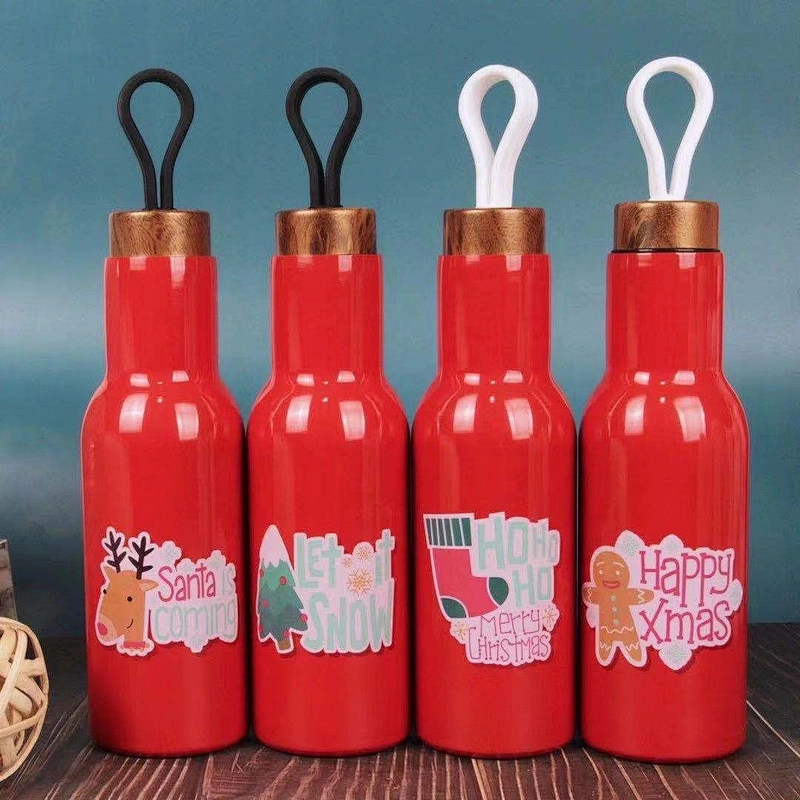 14oz Customized Sports Water Bottle  Vacuum Flask with Wooden Grain Lid Silisone Handle Stainless Steel Outdoor Bottle