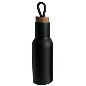 14oz Customized Sports Water Bottle  Vacuum Flask with Wooden Grain Lid Silisone Handle Stainless Steel Outdoor Bottle